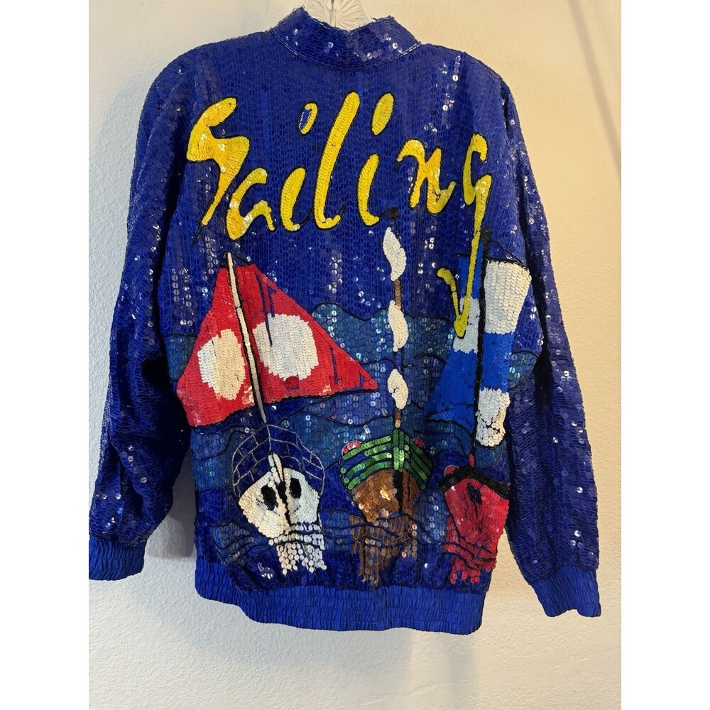 Modi Vintage Nautical Bomber Sailing Sequin Novelty Pirate Ships Jacket Beaded